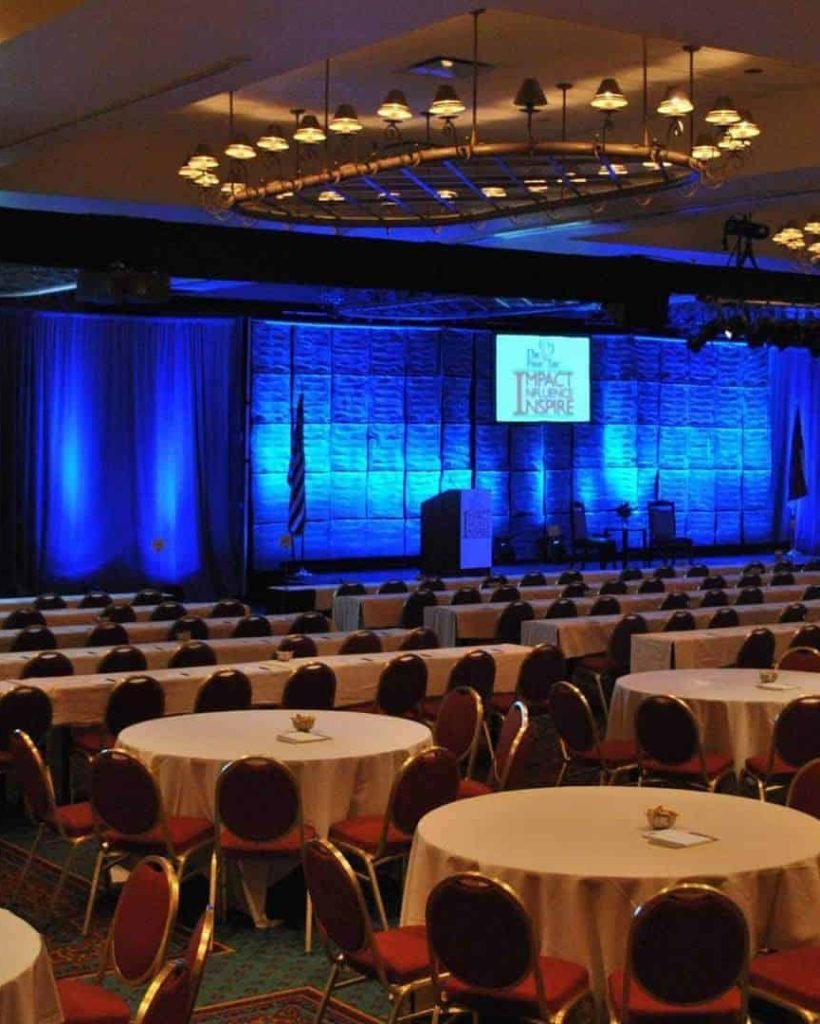Elegant corporate gala dinner setup by Seven Aura Events with stage lighting and guest seating in Karachi